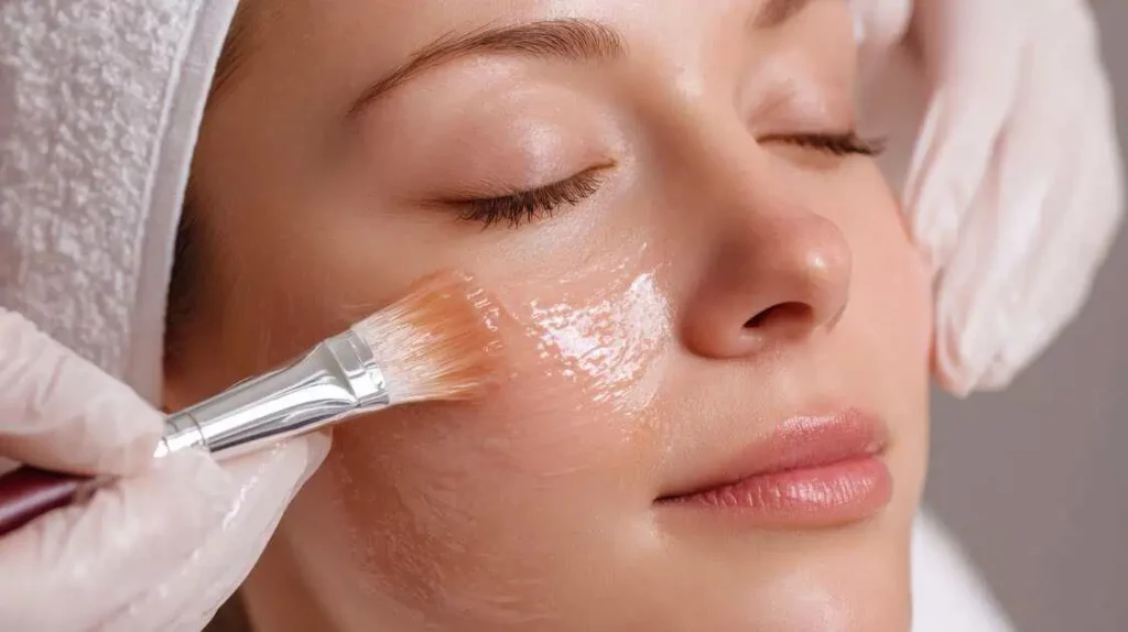 Woman receiving a professional chemical peel treatment for smoother,